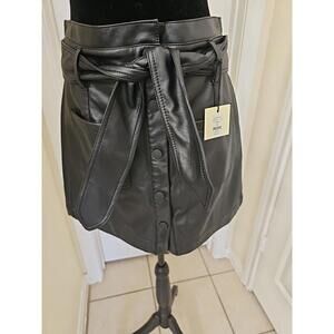 Faux Leather Mini Skirt Medium Black Button Front‎ Belted Goth Grunge Y2K